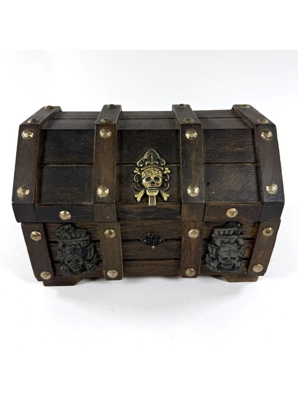 Pirate-Style Wood Treasure Chest Box W/ Skull Decorations Red Liner & Metal Acce